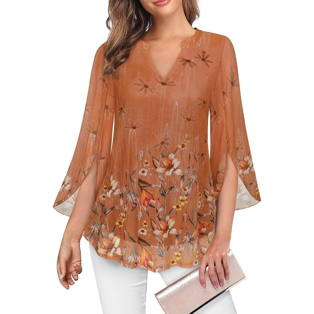 〽️ Women's Pumpkin Orange 3/4 Sleeve V Neck Double Layers Lose Fit Tunic Tops